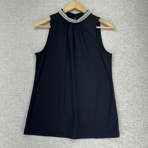 White House Black Market Blouse Womens S Black Beaded High Neck Collar